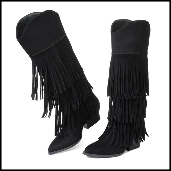 Retro Western Cowgirl Boots Pointed Toe Pull On Chunky Heel Fringe